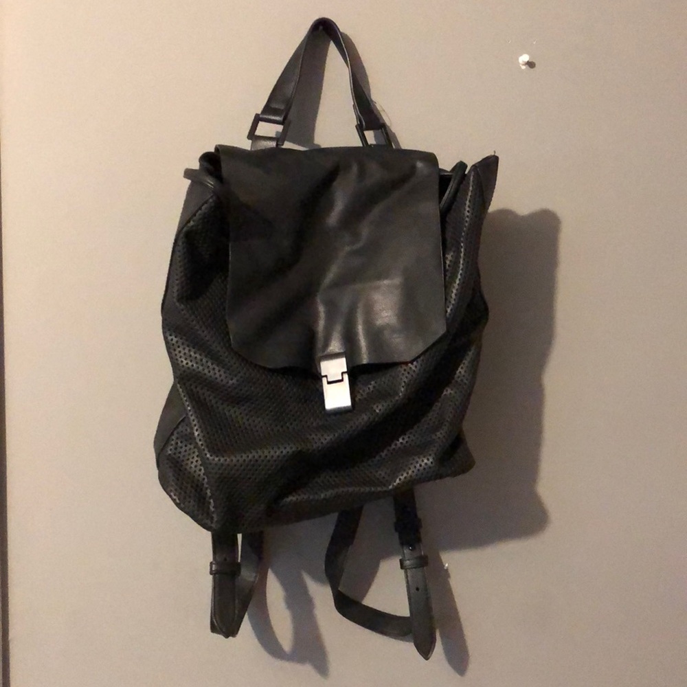 Black faux leather backpack